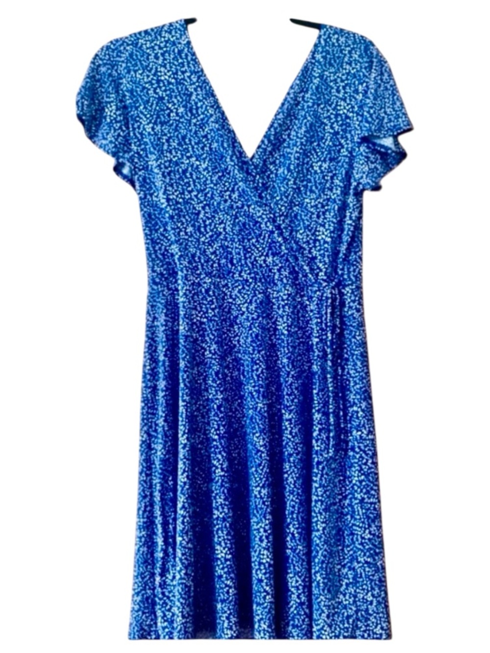 Kaileigh Blue Ditsy Print Faux Wrap Midi Dress Flutter Sleeve Fit Flare M